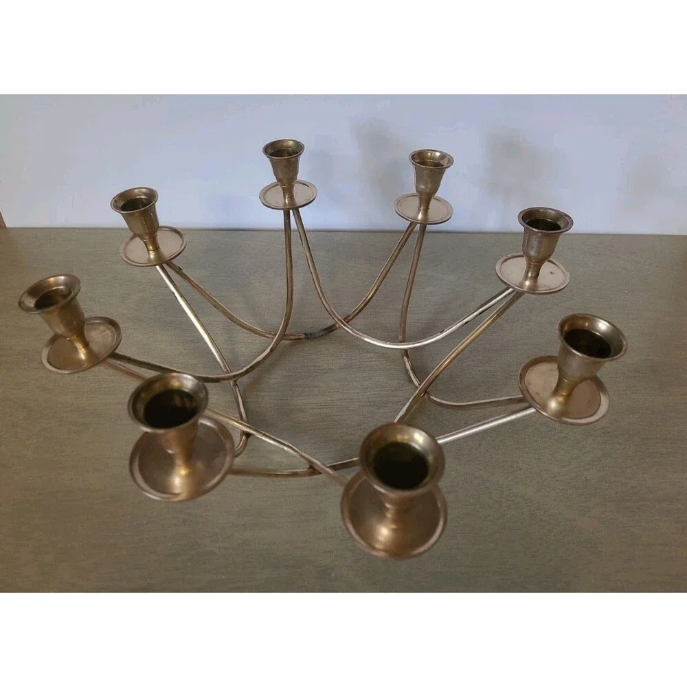 Vintage MCM Brass 8 Arm Cup Round Candelabra Circular Candle Holder 14